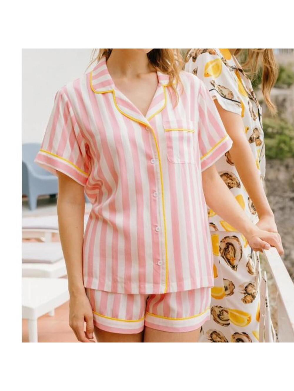 Katie Kime Retro Pink & Yellow Stripe 2-Piece Pajama Shorts Set Women’s Small